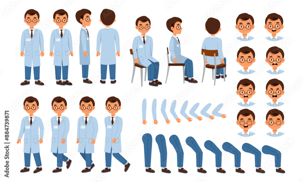 Doctor constructor set. Man in medical uniform. Adult in different poses and angle of views. Pack of legs, arms and heads to create animation. Health care and medicine. Flat vector collection Doctor constructor set. Man in medical uniform. Adult in different poses and angle of views. Pack of legs, arms and heads to create animation. Health care and medicine. Flat vector collection