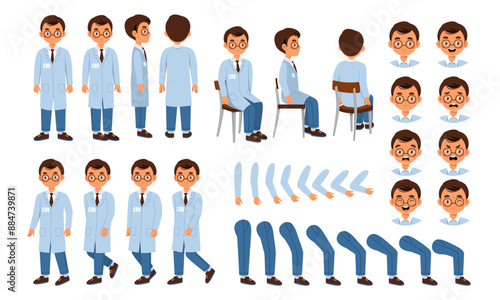 Doctor constructor set. Man in medical uniform. Adult in different poses and angle of views. Pack of legs, arms and heads to create animation. Health care and medicine. Flat vector collection