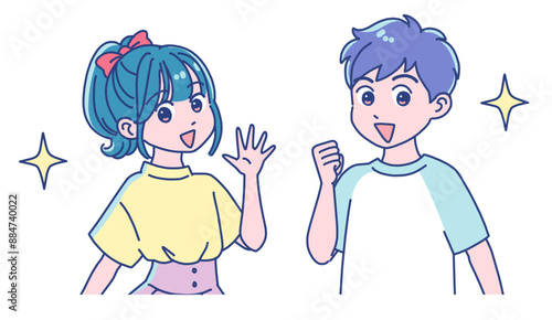 元気にガッツポーズする小学生女子と男子