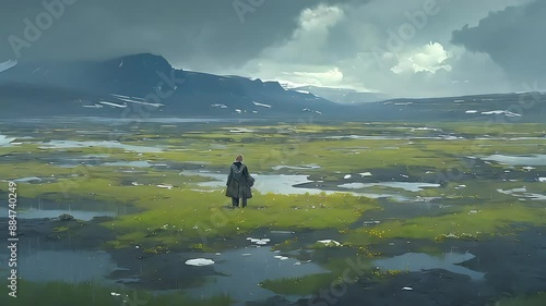 Rainy Tundra Animation. Wet Ground and Sparse Vegetation. Animated Dynamic Rainy Landscape Video. photo