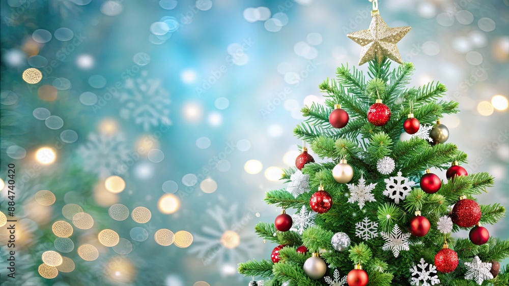 Cute Christmas tree with snowflake decorations on a blurred background, Christmas, decorations, snowflakes, holiday Cute Christmas tree with snowflake decorations on a blurred background, Christmas, decorations, snowflakes, holiday
