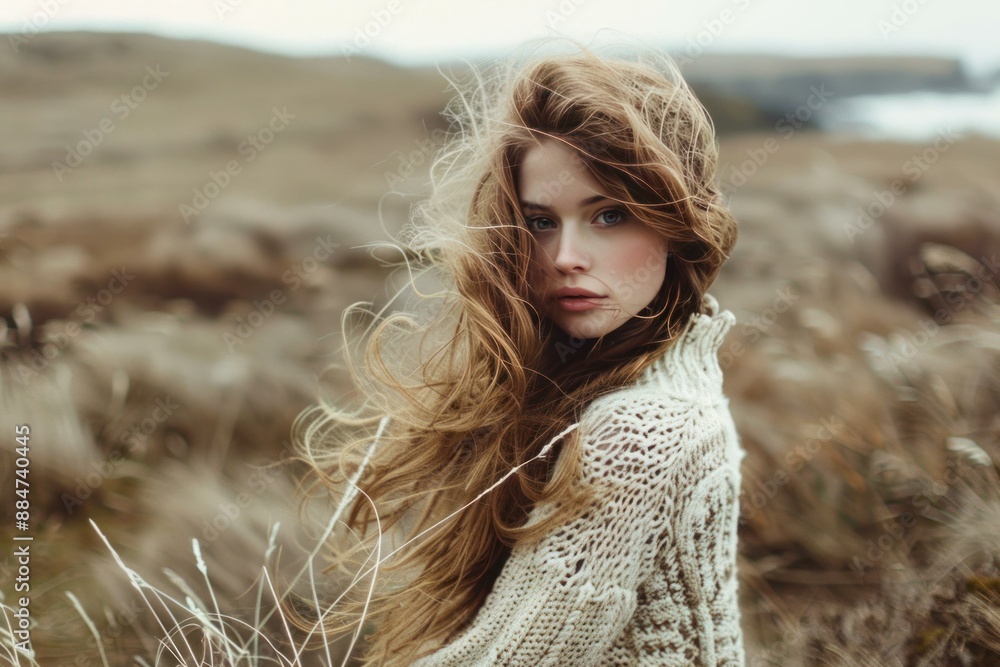 Young woman with flowing hair stands amidst autumnal grass, exuding a natural, dreamy aura Young woman with flowing hair stands amidst autumnal grass, exuding a natural, dreamy aura