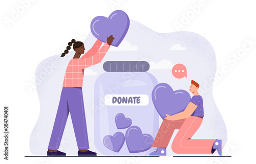 People with donation. Man and woman with big hearts in their hands near glass jar. Charity, kindness and generosity. Activists of charitable foundation. Flat vector illustration