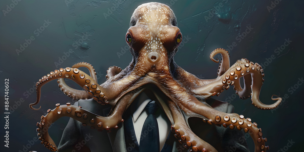 Obraz premium Surreal octopus in business suit with tentacles spread wide, blending marine life with corporate identity. Ideal for creative branding, concepts of multitasking, and innovation.