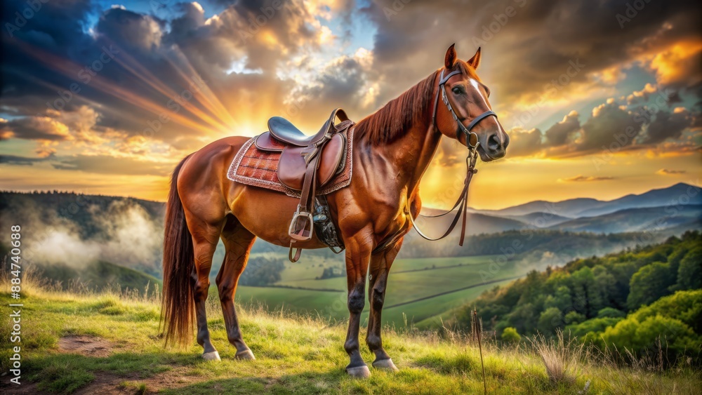 A majestic brown horse stands proudly wearing a intricately designed leather saddle, set against a rustic, sun-kissed countryside backdrop. A majestic brown horse stands proudly wearing a intricately designed leather saddle, set against a rustic, sun-kissed countryside backdrop.