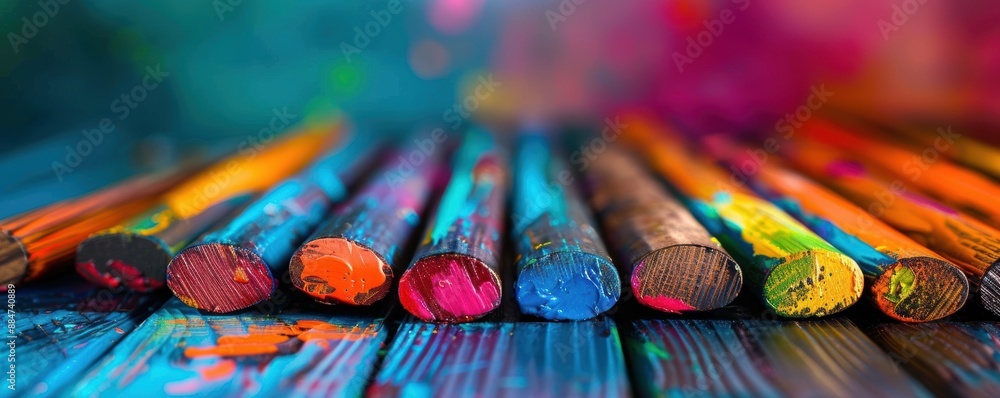 Obraz premium Colorful Pastels Lined Up on Wooden Surface
