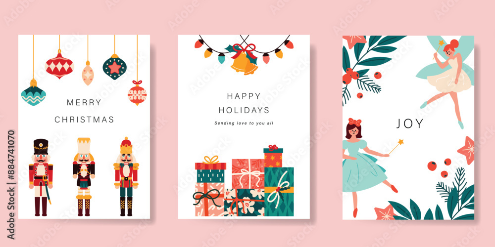 Set of Christmas and Happy new year holiday card vector. Elegant element of nutcracker, christmas ballet, christmas bauble, leaves on white background. Design illustration for cover, banner, poster. Set of Christmas and Happy new year holiday card vector. Elegant element of nutcracker, christmas ballet, christmas bauble, leaves on white background. Design illustration for cover, banner, poster.