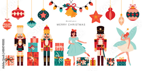 Merry Christmas and happy new year concept background vector. Collection of nutcracker, christmas Ballet, christmas bauble, bell, gift. Design suitable for banner, invitation, decoration.