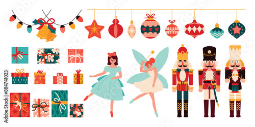 Merry Christmas and happy new year element vector set. Collection of nutcracker, christmas Ballet, gift, christmas buable, bell, hanging decorative. Design suitable for banner, invitation, decoration.