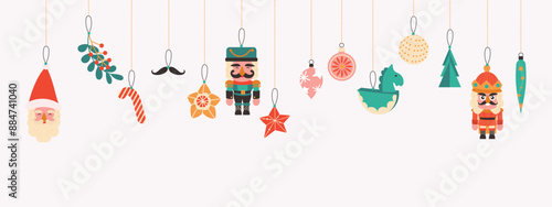 Merry Christmas and happy new year concept background vector. Collection of nutcracker, santa, christmas bauble, pine tree, candy cane, holly. Design suitable for banner, invitation, decoration.