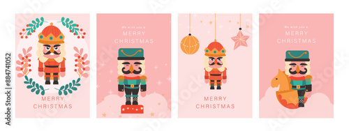 Set of Christmas and Happy new year holiday card vector. Elegant element of nutcracker, christmas bauble, leaves, rocking horse on pink background. Design illustration for cover, poster, flyer.