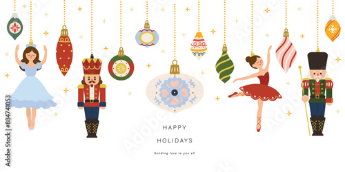 Merry Christmas and happy new year concept background vector. Collection of nutcracker, christmas Ballet, christmas bauble, twinkling stars. Design suitable for banner, invitation, decoration.
