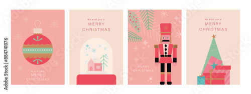 Set of Christmas and Happy new year holiday card vector. Elegant element of nutcracker, christmas bauble, gift, snow globe on pink and light background. Design illustration for cover, poster, flyer.