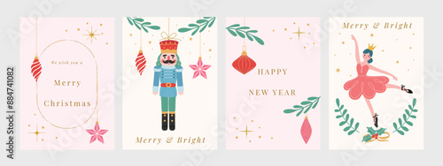 Set of Christmas and Happy new year holiday card vector. Elegant element of nutcracker, christmas ballet, christmas bauble on pink and white background. Design illustration for cover, banner, poster.