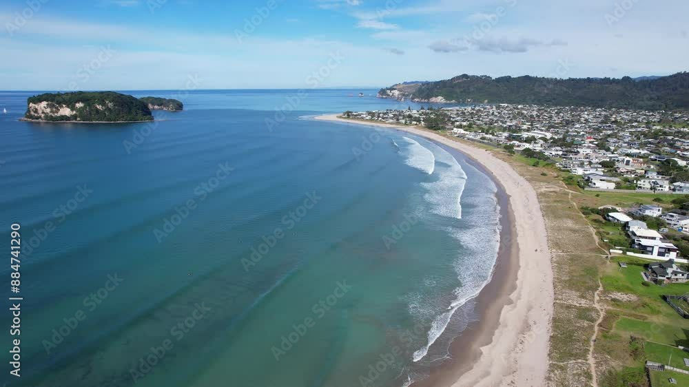 Waves On The Sandy Shore Of Whangamata Beach In North Island New Zealand. Aerial Drone Shot Waves On The Sandy Shore Of Whangamata Beach In North Island New Zealand. Aerial Drone Shot