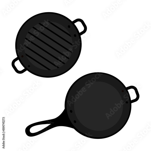 Cast iron grill and fry pans with handles in cartoon style. Top view. Isolated Promo design concept