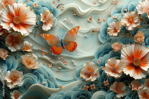 Exquisite craftsmanship: colorful butterfly and flower organic paper sculpture design, an illustration of dreamy romance, perfect for banner, capturing the beauty of nature in intricate detail.