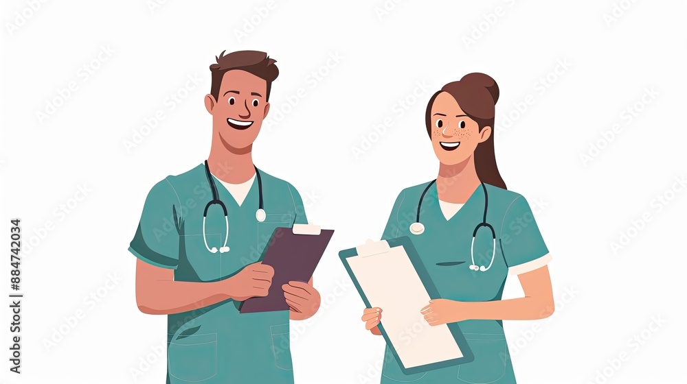 Minimalist illustration of a male nurse and female nurse, both in medical uniforms, each holding a clipboard and smiling, clean lines and flat colors, white background, simple and modern style, Minimalist illustration of a male nurse and female nurse, both in medical uniforms, each holding a clipboard and smiling, clean lines and flat colors, white background, simple and modern style,