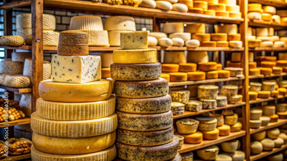 A tantalizing tower of artisanal cheeses, wheels and wedges meticulously stacked, showcasing rich textures and vibrant golden hues. A tantalizing tower of artisanal cheeses, wheels and wedges meticulously stacked, showcasing rich textures and vibrant golden hues.