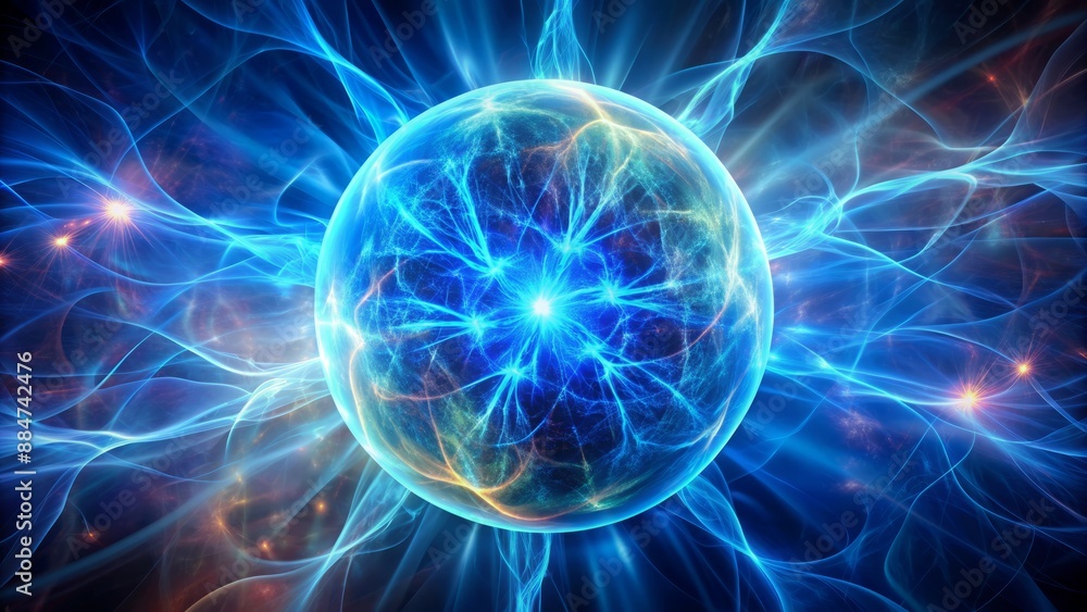Fototapeta premium Vibrant blue orb radiates intense illumination, surrounded by swirling plasma tendrils, suspended against a dramatic, dark, and mysterious background.