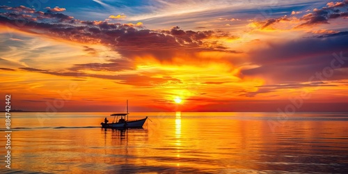 Vibrant sunset over the tranquil sea with boat in the distance , sunset, sea, ocean, colorful, sky, clouds, horizon, dusk