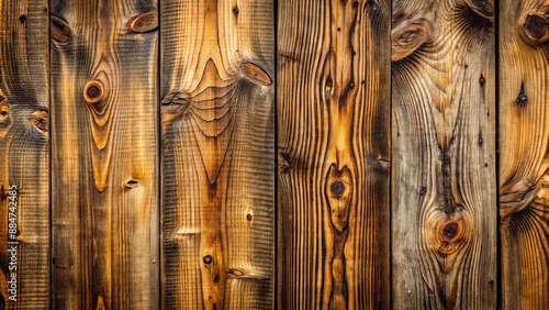 Rustic, weathered, wooden planks with prominent knots and cracks, forming a warm, earthy, and distressed texture background. photo