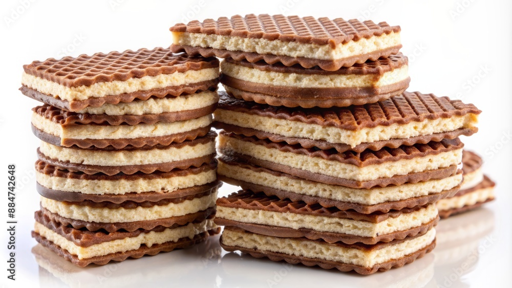 Richly frosted, cream-filled, chocolate wafers stacked high in an indulgent, moist, and decadent dessert tower on a pristine white background. Richly frosted, cream-filled, chocolate wafers stacked high in an indulgent, moist, and decadent dessert tower on a pristine white background.