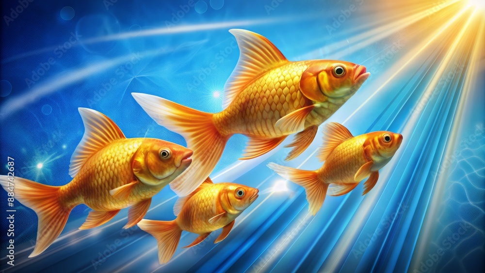 Vibrant trio of golden fish swimming upwards on a radiant blue background, surrounded by subtle wave patterns and a bold success arrow. Vibrant trio of golden fish swimming upwards on a radiant blue background, surrounded by subtle wave patterns and a bold success arrow.