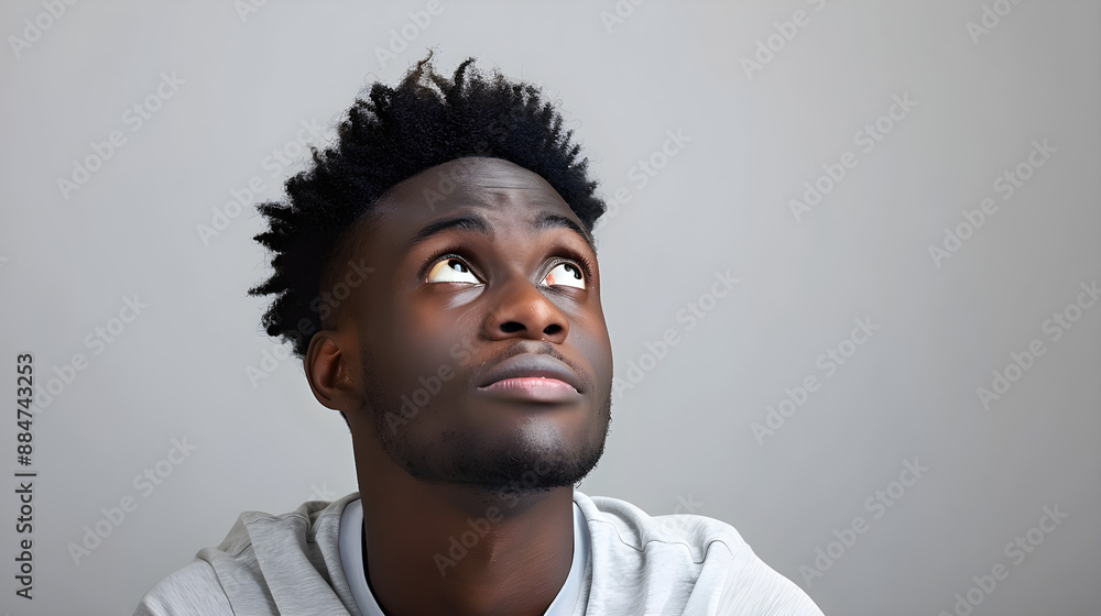 Fototapeta premium Contemplative young black man looking up against a gray background. Ideal for themes of thoughtfulness, inspiration, problem-solving, and mental well-being.