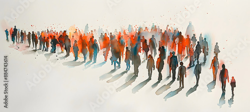 Abstract watercolor illustration of diverse crowd walking with vibrant colors. Perfect for social issues, community events, and art-themed marketing campaigns. Includes ample copy space.