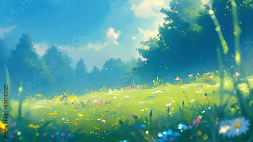 Rainy Flower Meadow Animation. Wet Wildflowers and Lush Green Grass. Animated Dynamic Rainy Landscape Video. photo