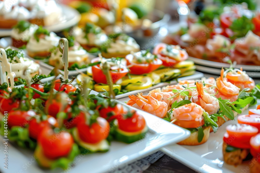 Buffet food catering food party at restaurant mini canapes snacks and appetizers Buffet food catering food party at restaurant mini canapes snacks and appetizers