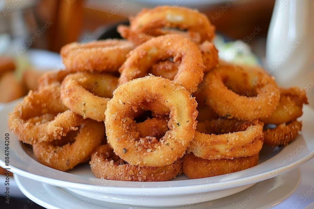 Closeup image of delicious goldenbrown onion rings on a white plate Closeup image of delicious goldenbrown onion rings on a white plate