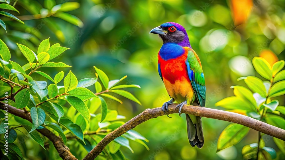 A colorful bird perched on a thick branch of a lush green tree, bird, sitting, branch, tree, colorful, perched A colorful bird perched on a thick branch of a lush green tree, bird, sitting, branch, tree, colorful, perched
