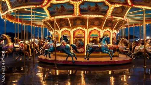 The carousel spins. The colors of the ride make it look happy and fun, like a fairground. This painting captures the beauty and enchantment of a carousel.