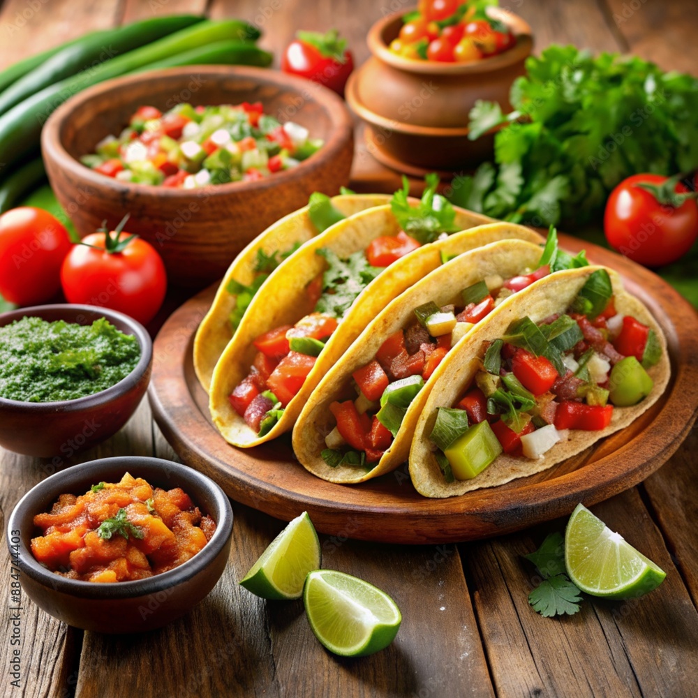 Mexican tacos with beef salsa avocado sauce and lime