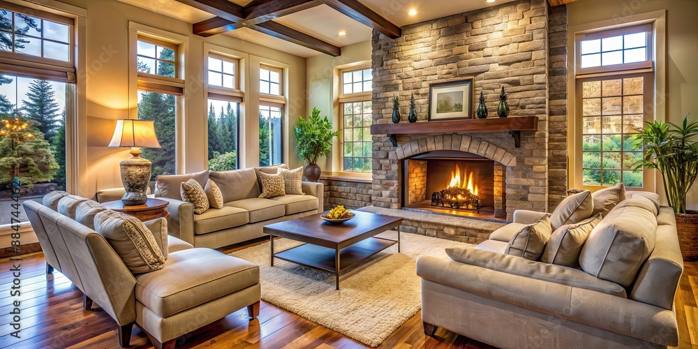 Cozy living room with a fireplace and plush couches, home, interior, cozy, living room, fireplace, couch, decor, comfortable Cozy living room with a fireplace and plush couches, home, interior, cozy, living room, fireplace, couch, decor, comfortable