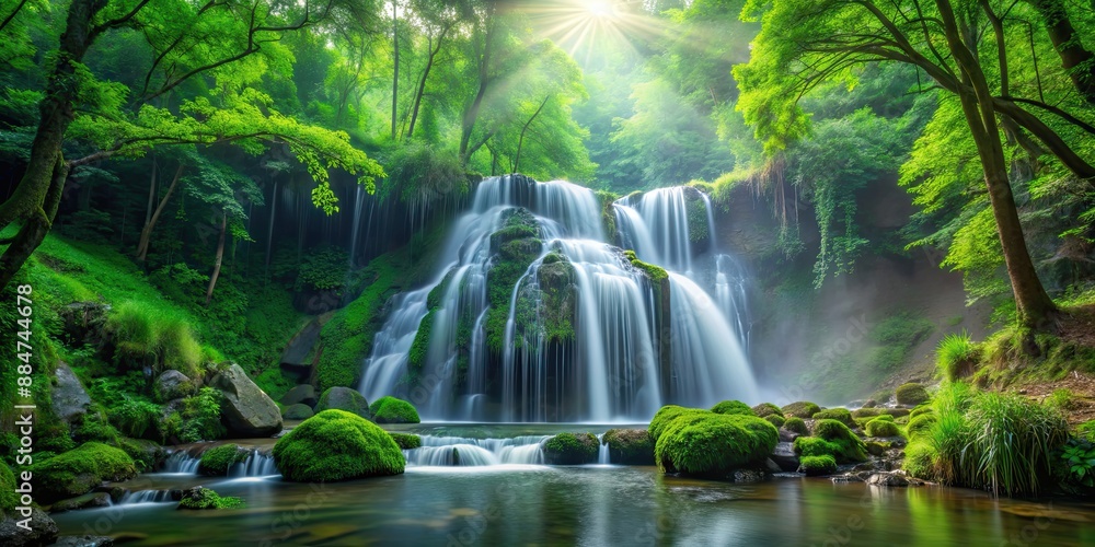 Serene waterfall flowing through lush green forest , nature, scenery, landscape, tranquil, beauty, cascade, stream, jungle Serene waterfall flowing through lush green forest , nature, scenery, landscape, tranquil, beauty, cascade, stream, jungle