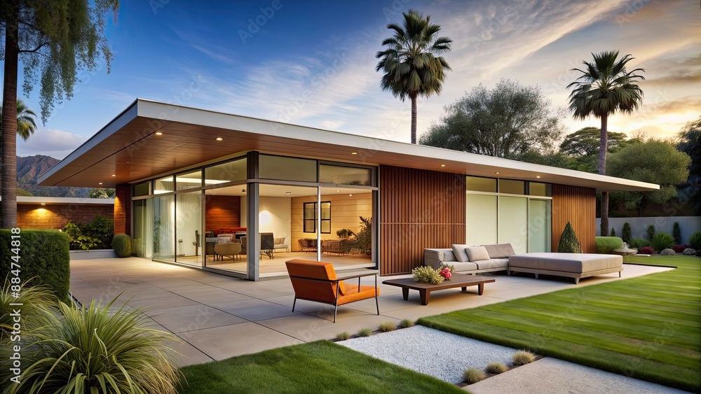 Fototapeta premium Midcentury home with sleek lines and retro furniture, midcentury, home,sleek, lines, retro, furniture, interior, design