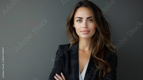 Confident businesswoman in a sleek suit with arms crossed, perfect for corporate branding, professional services, and leadership concepts. Ample copy space available.