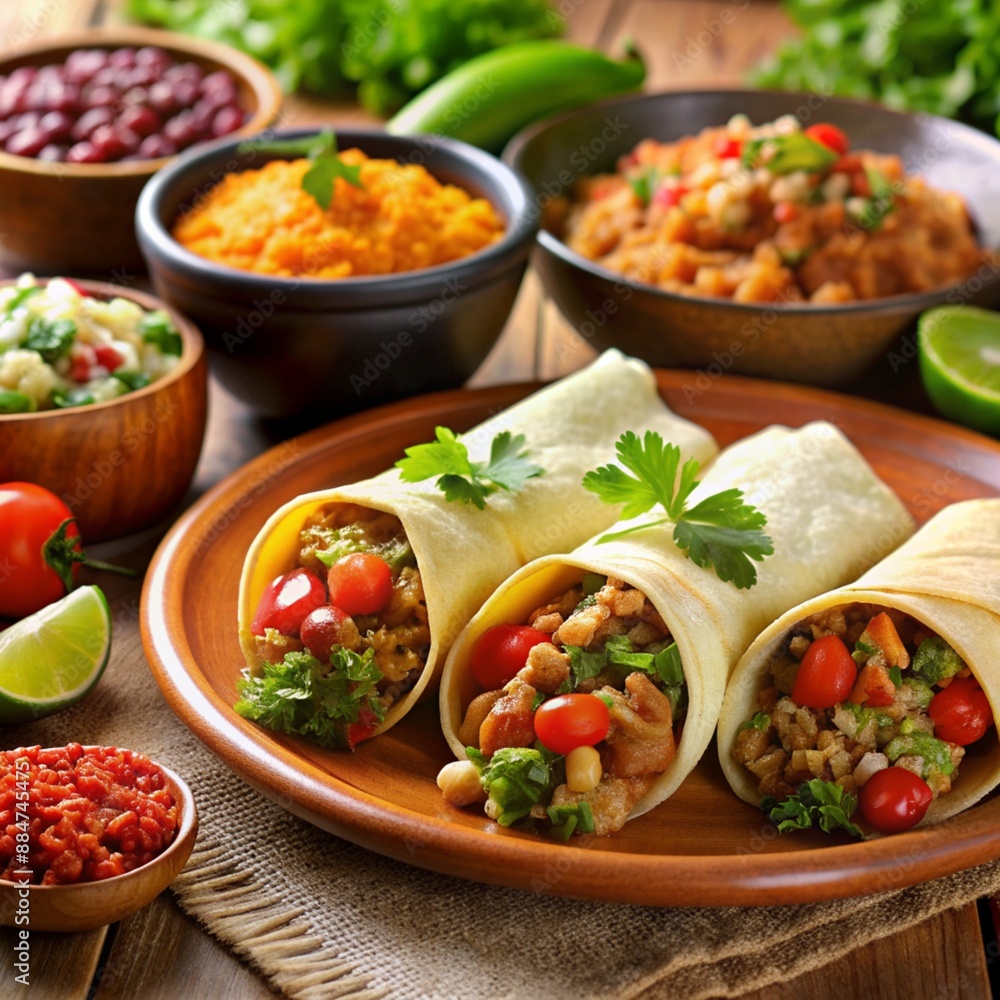 Mexican tacos with beef salsa avocado sauce and lime Mexican tacos with beef salsa avocado sauce and lime