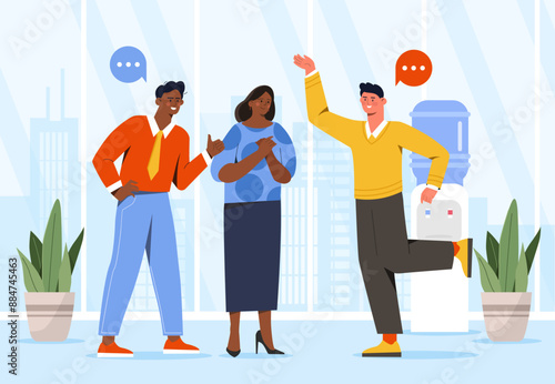 Happy business team. Men and woman in office celebrating success. Collaboration and cooperation. Successful employees at workplace. Teamwork and partnership. Flat vector illustration