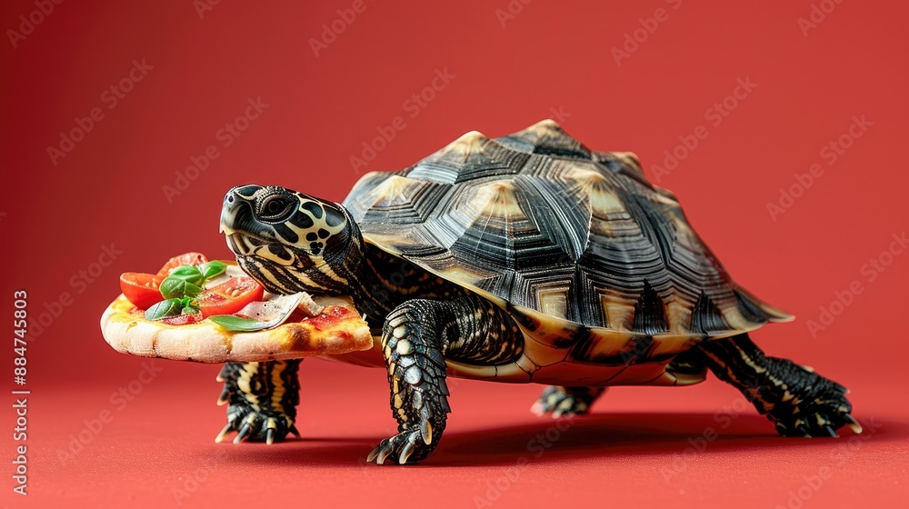Obraz premium ** Cute Tortoise Holding Mini Pizza on a Red Background