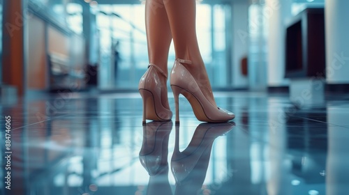 Elegant Woman in High Heels Walking on Shiny Marble Floor in Modern Office Building © kvladimirv