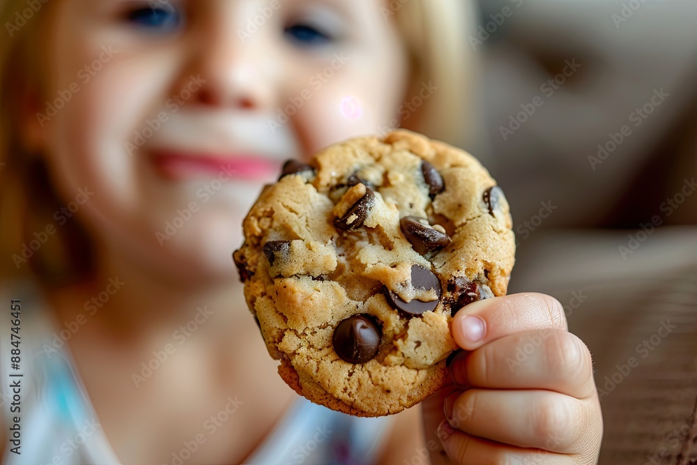 Child Holding Chocolate Chip Cookie with Bite Taken Out