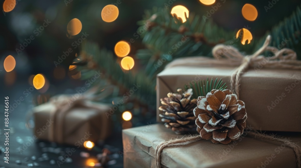 Christmas presents wrapped with twine and pinecones, with a backdrop of warm bokeh lights creating a festive atmosphere. Christmas presents wrapped with twine and pinecones, with a backdrop of warm bokeh lights creating a festive atmosphere.