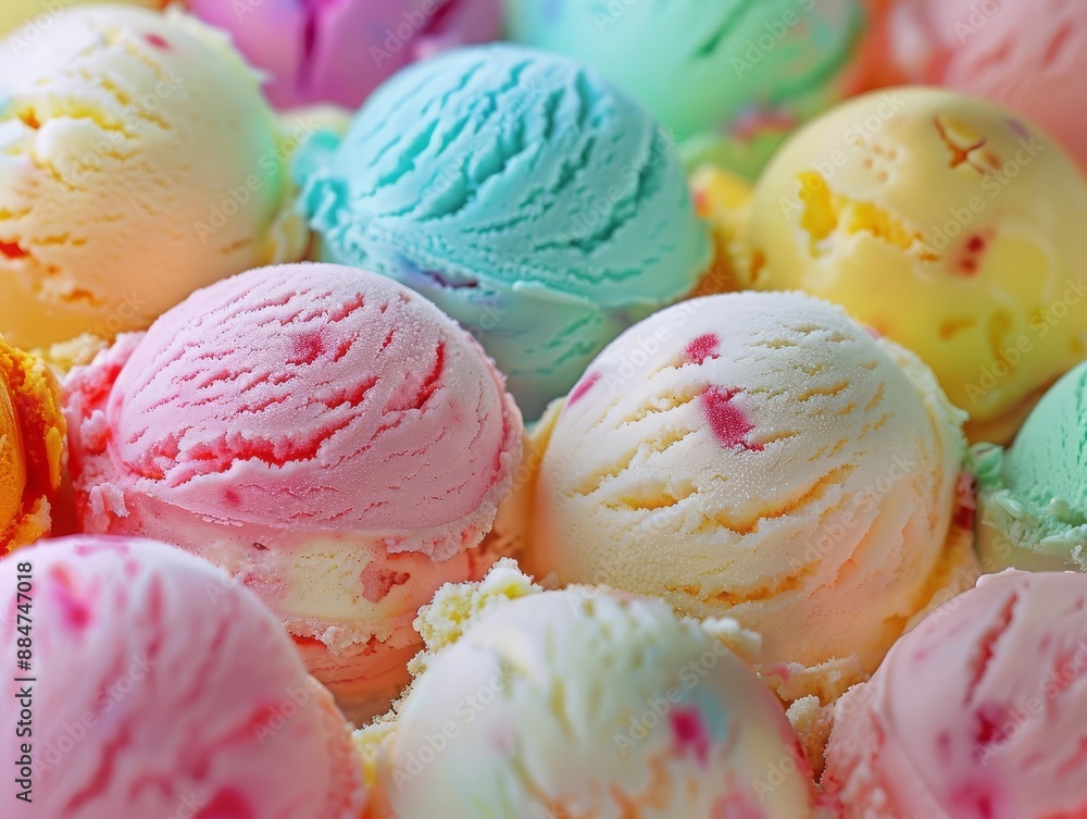 13 Assorted ice cream scoops, macro shot, vibrant colors, soft focus 13 Assorted ice cream scoops, macro shot, vibrant colors, soft focus