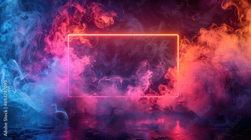 Fototapeta premium Glowing Neon Frame in Colorful Smoke - Abstract Background for Trendy Designs