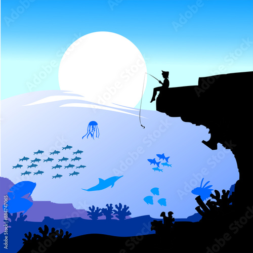 silhouette of fish and algae on the background of reefs. panoramic wallpaper with the underwater