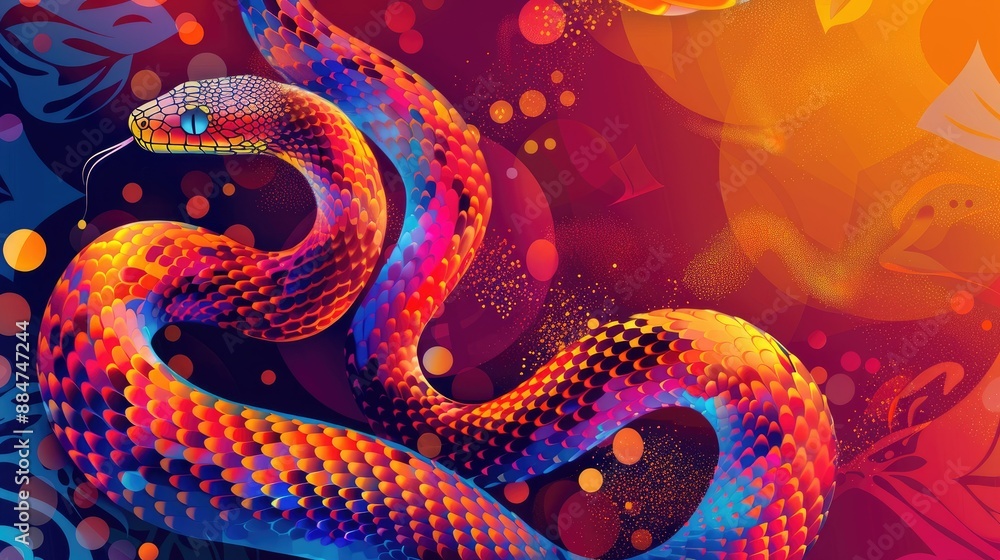 Fototapeta premium Colorful Vibrant Snake Illustration with Geometric Patterns in Abstract Background